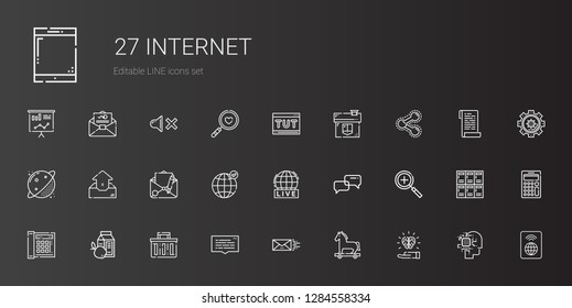 internet icons set. Collection of internet with idea, trojan horse, email, speech bubble, shopping basket, breakfast, telephone, zoom in. Editable and scalable internet icons.