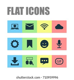 Internet Icons Set. Collection Of Letter, Flag, Gear And Other Elements. Also Includes Symbols Such As Wireless, Laptop, Sticker.