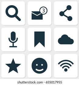 Internet Icons Set. Collection Of Magnifier, Smile, Publish And Other Elements. Also Includes Symbols Such As Wireless, Clouded, Overcast.