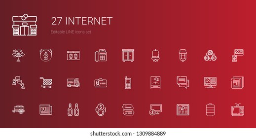 internet icons set. Collection of internet with menu, computer, chat, exchange, additives, newspaper, cart, signal, cellphone, id card, truck. Editable and scalable internet icons.