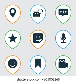 Internet Icons Set. Collection Of Pin, Video Chat, Message And Other Elements. Also Includes Symbols Such As Inbox, Star, Flag.