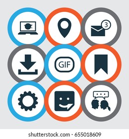 Internet Icons Set. Collection Of Pin, Inbox, Gif Sticker And Other Elements. Also Includes Symbols Such As Down, Download, Smile.