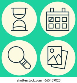 Internet Icons Set. Collection Of Research, Hourglass, Calendar And Other Elements. Also Includes Symbols Such As Sand, Glass, Calendar.