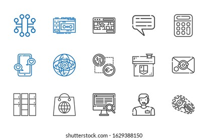 internet icons set. Collection of internet with setting, man, computer, shopping, locker, email, house, exchange, smartphone, calculator. Editable and scalable internet icons.