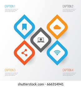 Internet Icons Set. Collection Of Wireless Connection, Laptop, Publish And Other Elements. Also Includes Symbols Such As Bookmark, Wifi, Technology.
