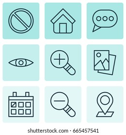 Internet Icons Set. Collection Of Zoom Out, Landscape Photo, Glance Elements. Also Includes Symbols Such As Bubble, Photo, Pinpoint.