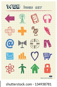 Internet icons set drawn by color pencils. Hand drawn vector elements pack isolated on paper