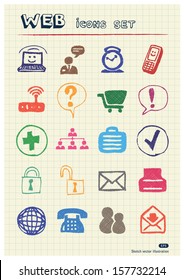 Internet icons set drawn by color pencils. Hand drawn vector elements pack isolated on paper