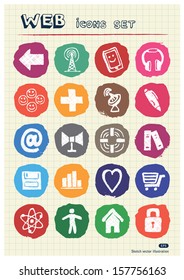 Internet icons set drawn by chalk. Hand drawn vector elements pack isolated on paper