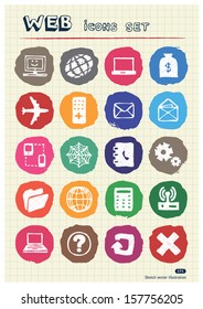 Internet icons set drawn by chalk. Hand drawn vector elements pack isolated on paper