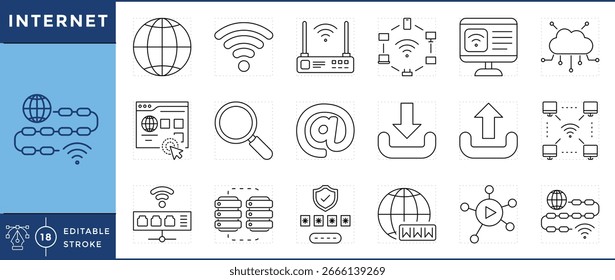 Internet icons set. Globe, wireless connection, router, computer, smartphone, cloud, download, upload, browser, and many more. Vector editable stroke.