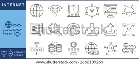 Internet icons set. Globe, wireless connection, router, computer, smartphone, cloud, download, upload, browser, and many more. Vector editable stroke.