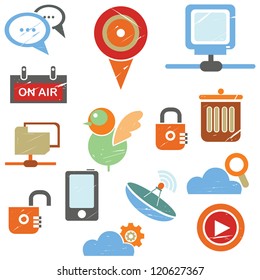 internet icons set in grunge and vintage style