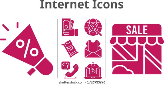 internet icons set. included megaphone, newsletter, online shop, shop, money, phone call, internet, trolley icons. filled styles.