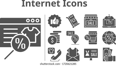 internet icons set. included newsletter, online shop, shop, money, like, phone call, placeholder, internet, trolley icons. filled styles.