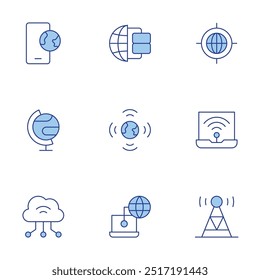 Internet icons set. Line Duotone style, editable stroke. world globe, web, wifi, target, radio antenna, local network, internet, cloud computing, worldwide.