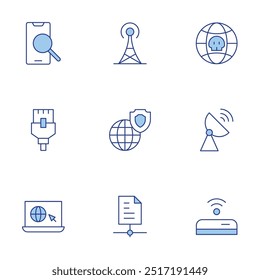 Internet icons set. Line Duotone style, editable stroke. wifi, share, surf, internet security, internet, network cable, electric tower, browsing.