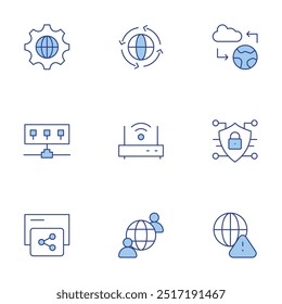 Internet icons set. Line Duotone style, editable stroke. alert, cyber security, hub, world, share, internet, communications, earth.