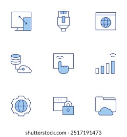 Ícones da Internet definidos. Linha Duotone estilo, traço editável. dados de nuvem, sinal de wifi, cadeado, mundo, responsivo, tela de toque, lan, arquivo, global.