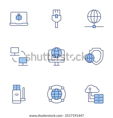 Internet icons set. Line Duotone style, editable stroke. wifi, shield, website, internet, bug, computer, ethernet, cloud server.
