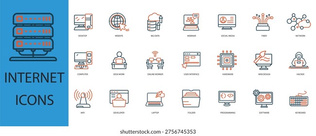internet icons set outline and Flat Style,transparent background