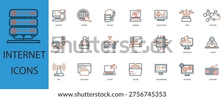 internet icons set outline and Flat Style,transparent background