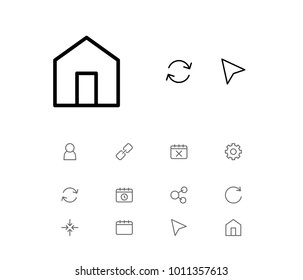 Internet icons set with share, rotate and house elements. Set of internet icons and home concept. Editable vector elements for logo app UI design.