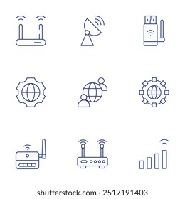 Internetsymbole festgelegt. Stil der dünnen Linie, bearbeitbarer Strich. wifi, wifi router, world, wifi signal.