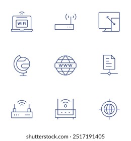 Internetsymbole festgelegt. Stil der dünnen Linie, bearbeitbarer Strich. wifi, wifi-router, world globe, world wide web, reaktiv, teilen, ziel.