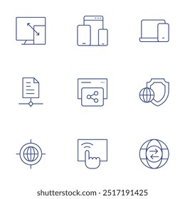 Internet icons set. Thin Line style, editable stroke. responsive, responsive design, share, shield, target, touch screen, trade.