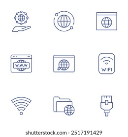 Ícones da Internet definidos. Estilo Thin Line, traço editável. global, rede global, wifi, site, rede, cabo de rede.