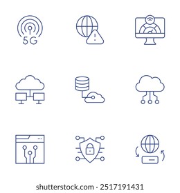 Ícones da Internet definidos. Estilo Thin Line, curso editável. g, alerta, largura de banda, computação em nuvem, dados em nuvem, criptografia, segurança cibernética, transferência de dados.