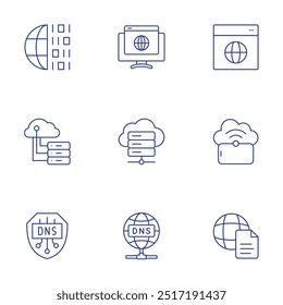 Conjunto de iconos de Internet. Estilo de línea delgada, trazo editable. binario, servidor en la nube, DNS, navegador, almacenamiento en la nube, documento.