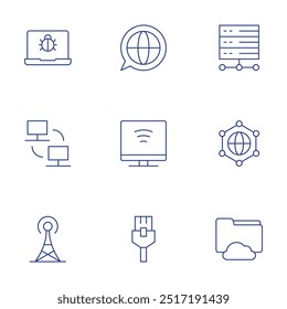 Internet icons set. Thin Line style, editable stroke. bug, chat, cloud computing, computer, connection, electric tower, ethernet, file.