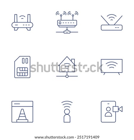 Internet icons set. Thin Line style, editable stroke. router, sim card, smart home, smart tv, under construction, user, video call.