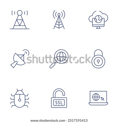 Internet icons set. Thin Line style, editable stroke. remote access, security, surf, radio antenna, radio tower, satellite dish, search, spyware, ssl.