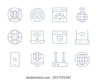 Iconos de Internet. Estilo de línea delgada, estilo editable. wifi, mundo, Sitio web, internet, seguridad de internet, datos móviles, módem, influencia.