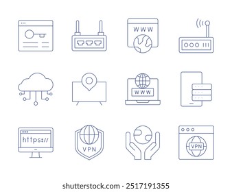 Iconos de Internet. Estilo de línea delgada, carrera editable. router, smart tv, vpn, smartphone, navegador, nube, dominio, tierra.