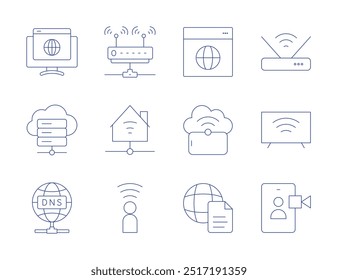 Internet icons. Thin Line style, editable stroke. router, smart home, smart tv, user, video call, browser, cloud server, cloud storage, dns, document.