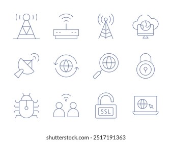 Internet icons. Thin Line style, editable stroke. remote access, security, surf, worldwide, radio antenna, radio tower, satellite dish, search, spyware, ssl, network, modem.