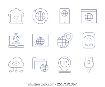 Internet icons. Thin Line style, editable stroke. global network, global, website, wifi, internet, iot, ip, network, network cable.