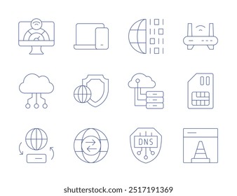 Internet icons. Thin Line style, editable stroke. bandwidth, binary, cloud data, cloud server, data transfer, dns, responsive, shield, trade, router, sim card, under construction.