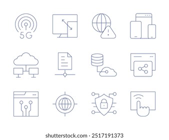 Ícones da Internet. Estilo Linha fina, traçado editável. 5g, alerta, computação em nuvem, dados em nuvem, criptografia, segurança cibernética, responsivo, design responsivo, compartilhar, destino, tela de toque.