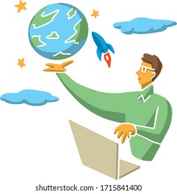 Internet illustration vector man hold rocket cloud sky laptop