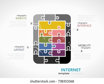 Internet infographic template with tablet pc symbol made out of jigsaw pieces