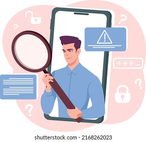 Internet Information Retrieval, People Search, Crime Investigation, Bug Report Document. Cybersecurity On The Internet, Security Hacking, Data Fraud, Password Matching. Stock Vector Illustration