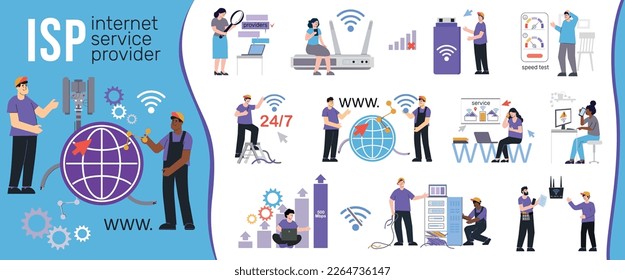 Internet installation provider set with flat isolated compositions of network infrastructure elements text and human characters vector illustration