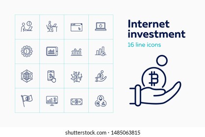 Internet investment icon set. Set of line icons on white background. Bitcoin, gear, internet. Crypto currency concept. Vector illustration can be used for topics like banking, investment