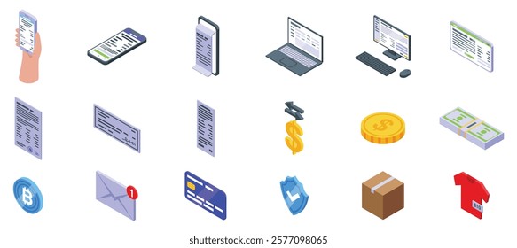  Internet invoicing icons set. Isometric icons representing online payment methods, including credit cards, receipts, invoices, and mobile payments