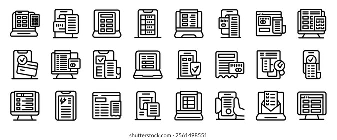 Internet invoicing icons set. People filling online survey, exam, questionnaire, checklist, quiz and test on various electronic devices icons set